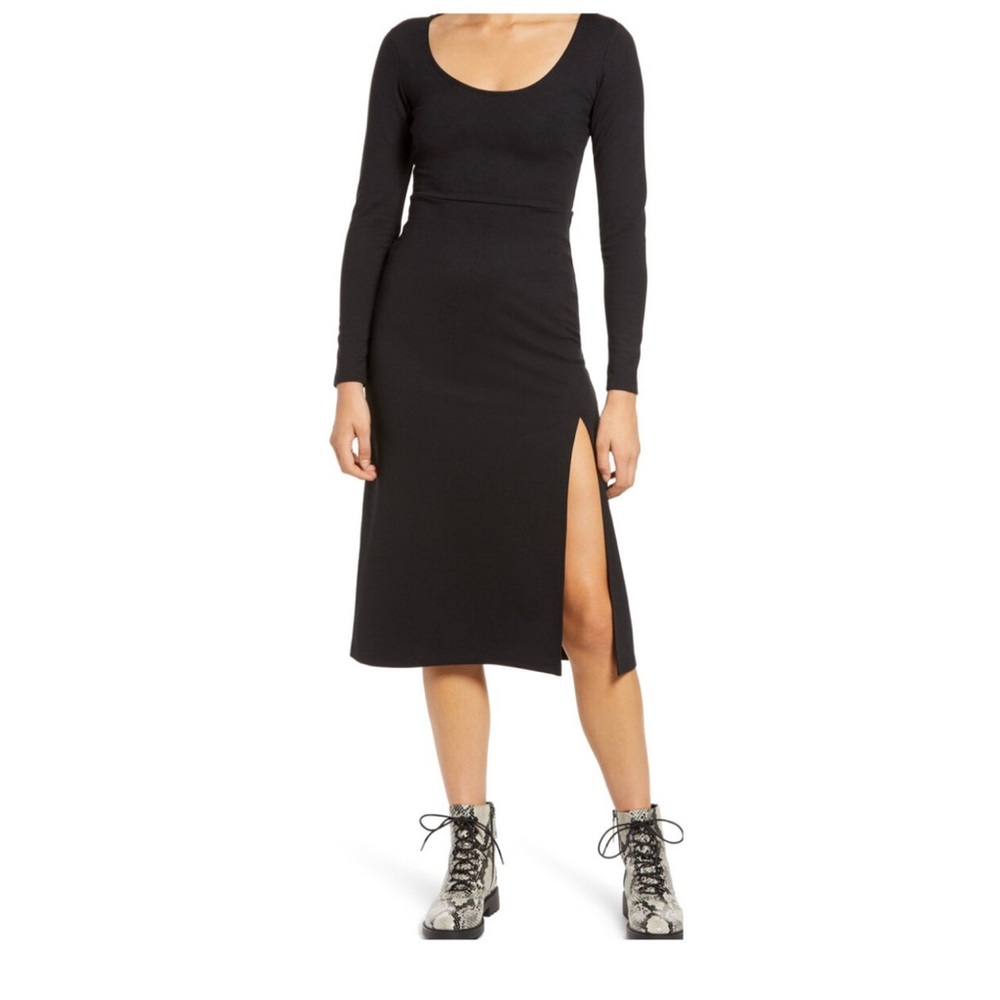 Leith Black Long Sleeve Side Slit Midi Dress Women NWT